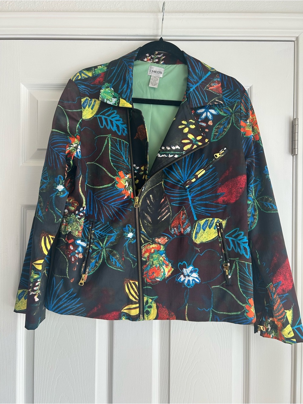 Chico's Black Floral Zip Moto Jacket with Multi-Color Accents